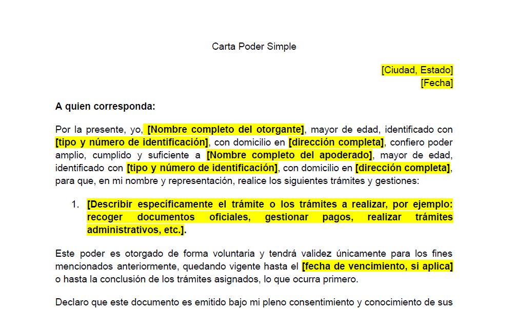 Modelo de carta poder simple para tramites inmobiliarios - Modelo de carta